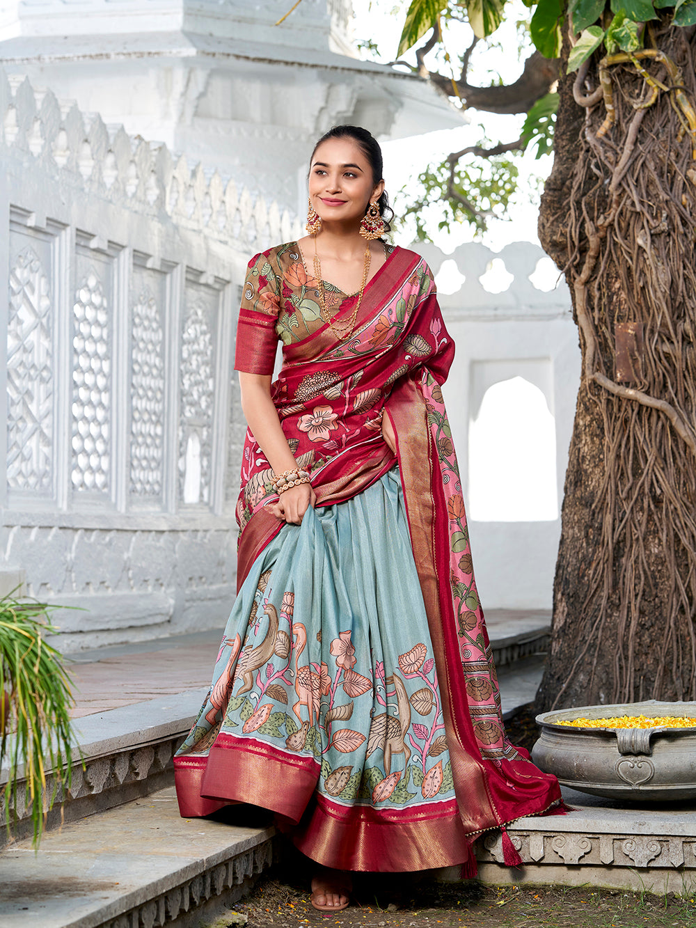 See Green Color Printed (Kalamkari) With Zari Weaving Border Jacquard Silk Lehenga Choli