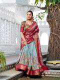 See Green Color Printed (Kalamkari) With Zari Weaving Border Jacquard Silk Lehenga Choli
