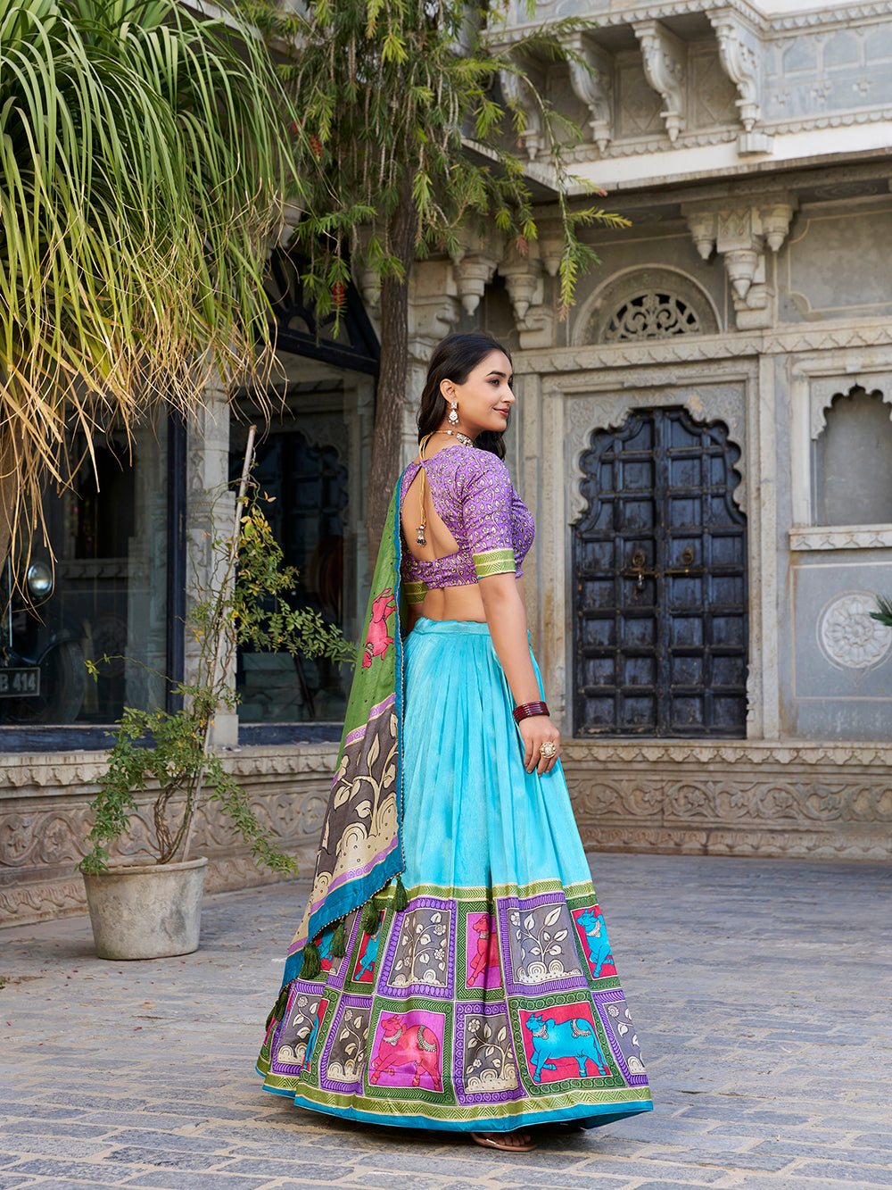 See Green Color Kalamkari With Foil Work Tussar Silk Lehenga Choli