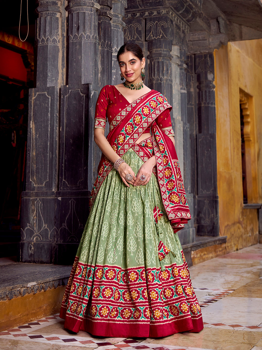 Tasar silk sea green lehenga with red blouse