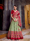 Tasar silk sea green lehenga with red blouse
