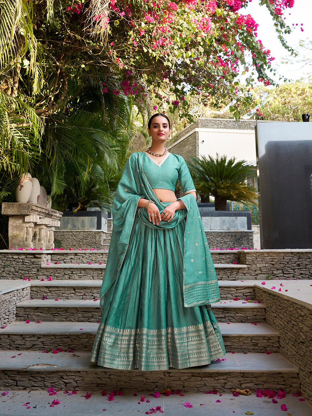 Sea green Chanderi silk lehenga choli with zari weaving