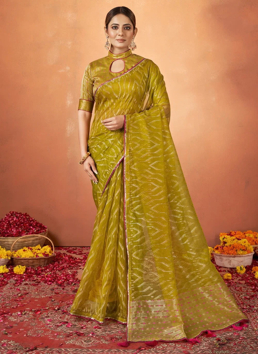 Sequence And Thread Work Organza Silk Saree In Green