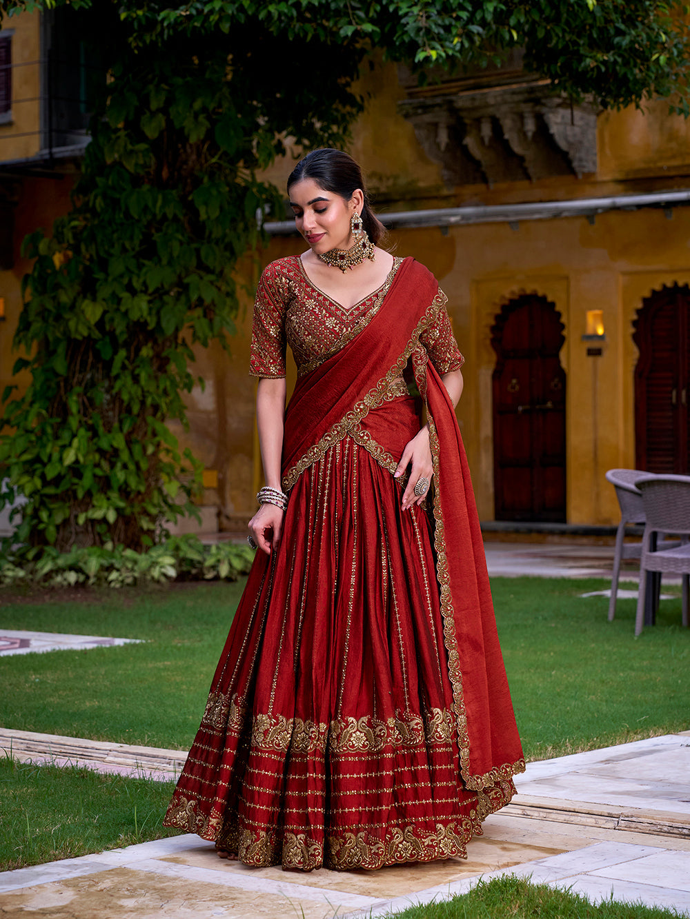 Rust Orange Color Sequins And Thread Embroidery Work Rangoli Crush Lehenga Choli