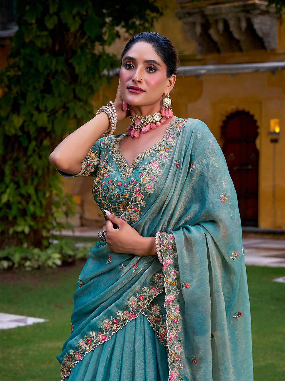 Sky Blue Color Sequince And Thread Embroidery Work Zari Shimmer Lehenga Choli