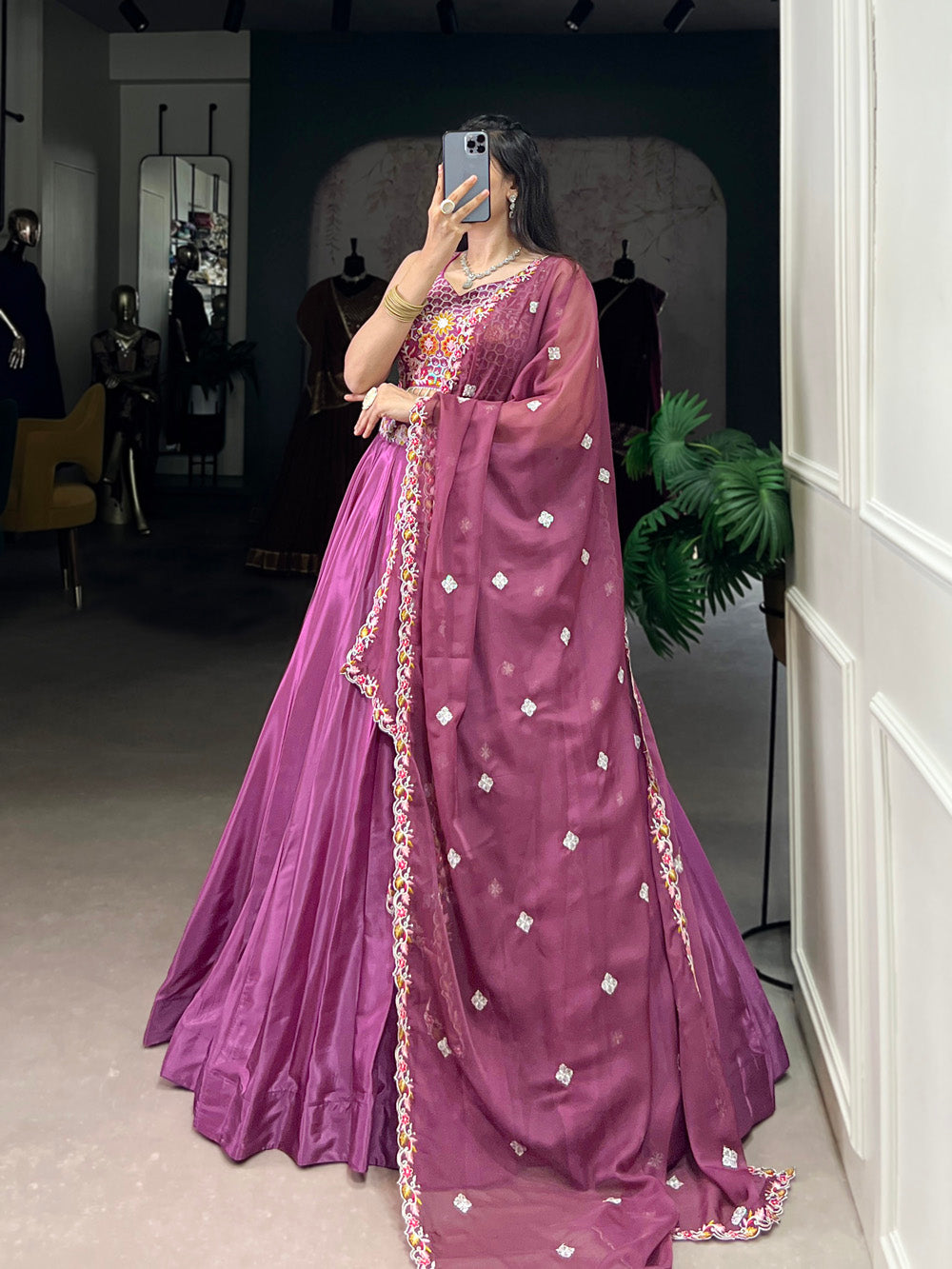 Magenta Pink Color Sequins and Thread Embroidery Work Silk Crepe Lehenga Choli