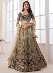 Sequinned Olive Soft Net Bridal Lehenga with Dori and Thread Embroidery