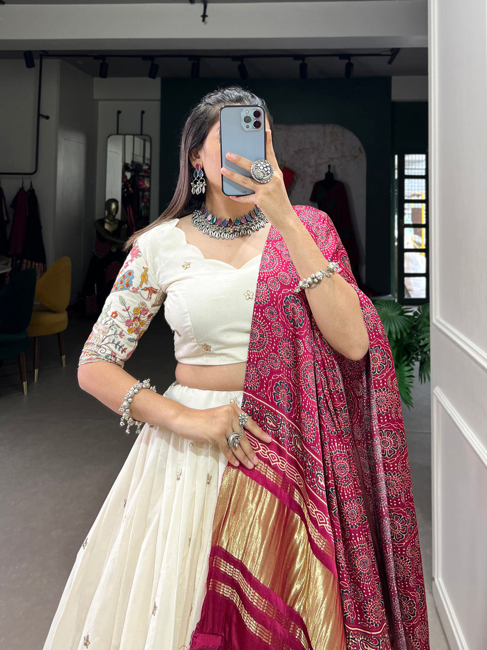 Temple Design Sequins And Thread Embroidery Work Khadi Cotton Chaniya Choli