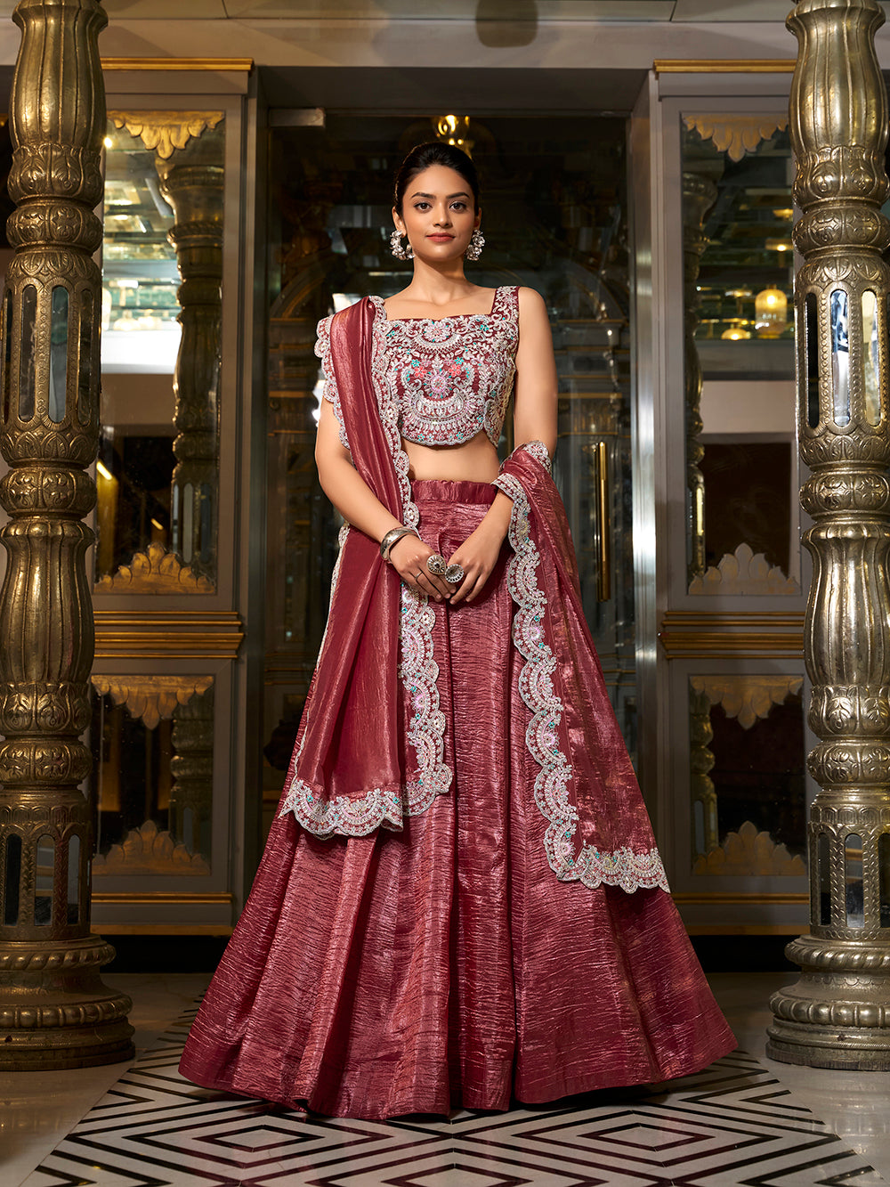 Crimson Color Sequins And Thread Embroidery Work Gold Crush Lehenga Choli