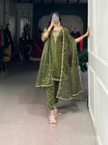 Olive Green Color Sequins And Thread Embroidery Work Gold Coin Salwar Suit