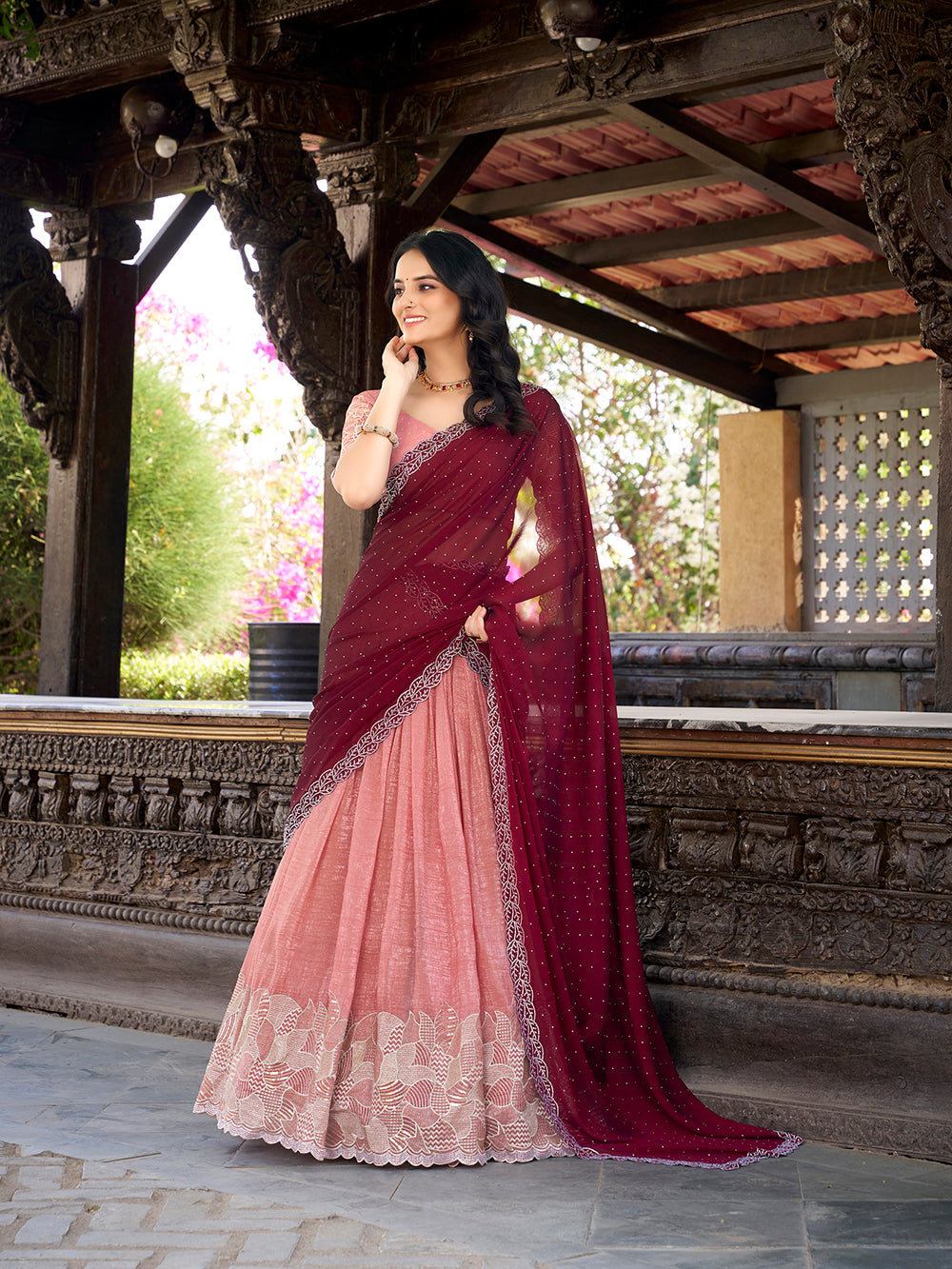 Peach Color Sequins And Embroidery Work With Hotfix Silver Glossy Lehenga Choli