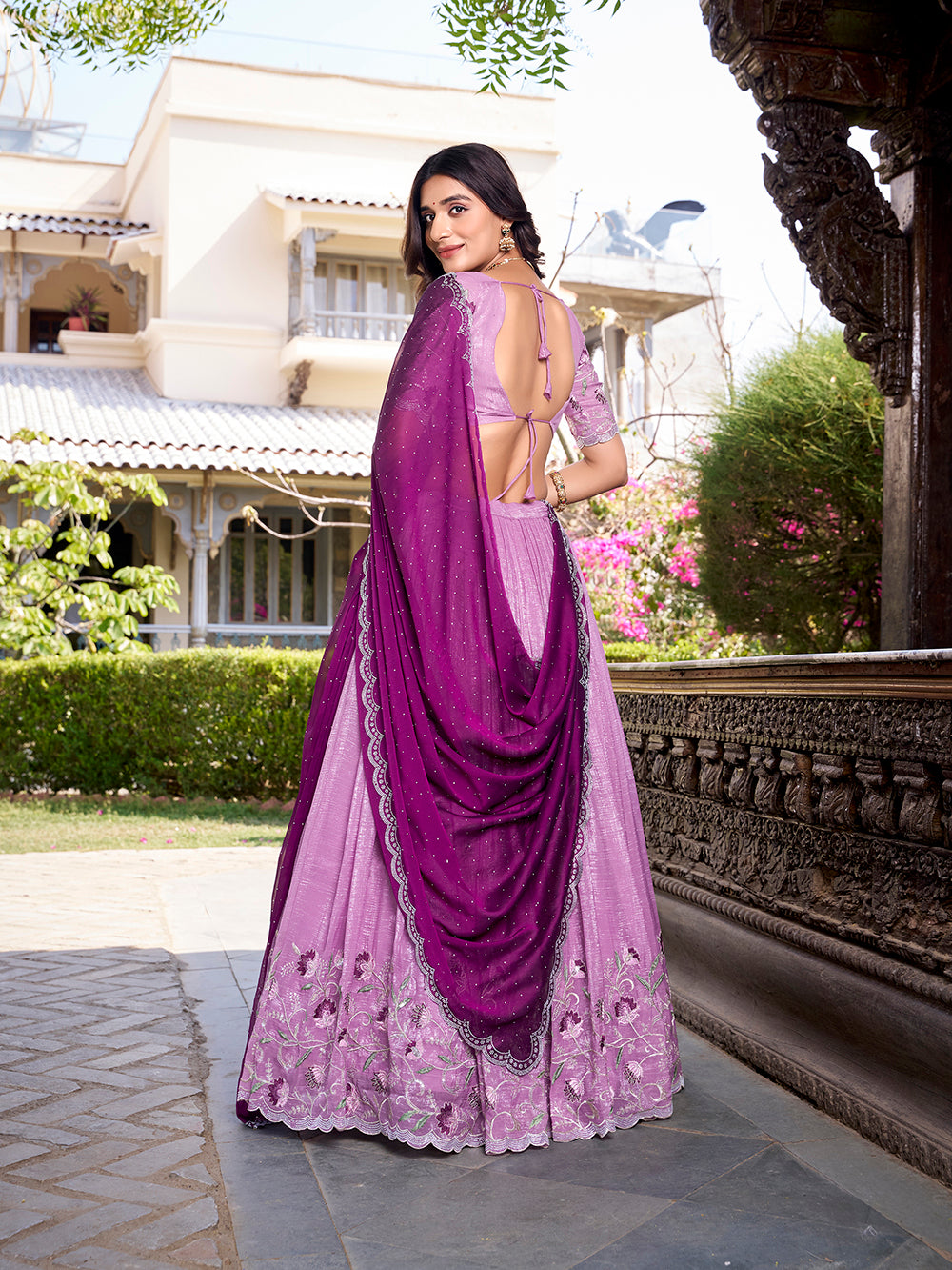 Lavender Color Sequins And Embroidery Work With Hotfix Silver Glossy Lehenga Choli