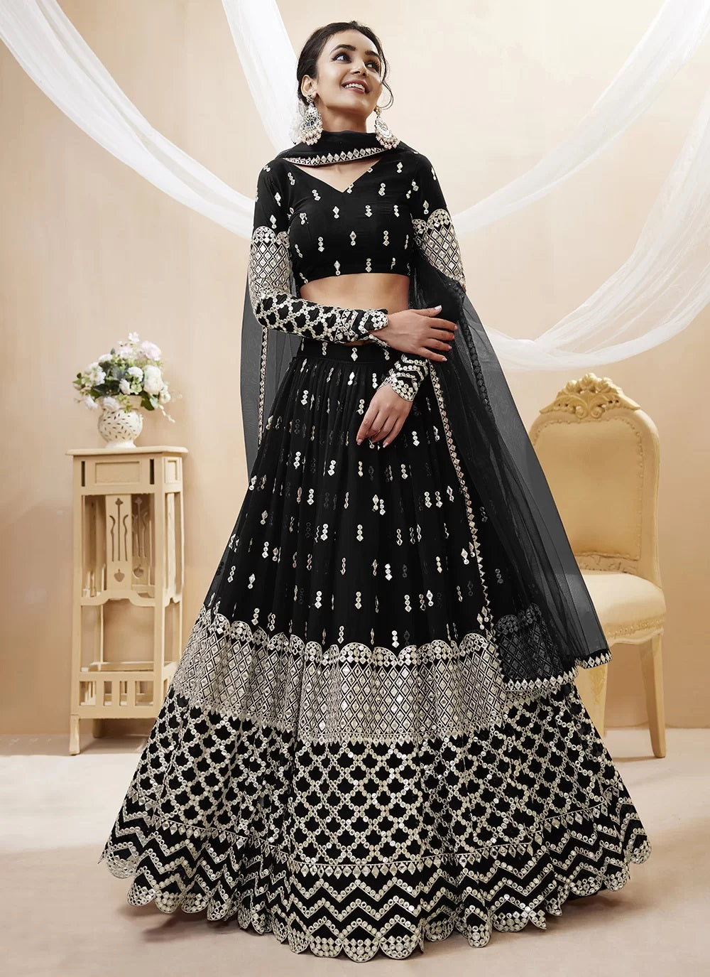 Sequins and Zari Embroidered Georgette Indian Lehenga In Black