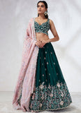 Sequins and Zarkan Work Poly Georgette Lehenga In Teal