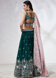 Sequins and Zarkan Work Poly Georgette Lehenga In Teal