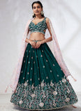 Sequins and Zarkan Work Poly Georgette Lehenga In Teal