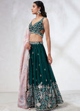 Sequins and Zarkan Work Poly Georgette Lehenga In Teal