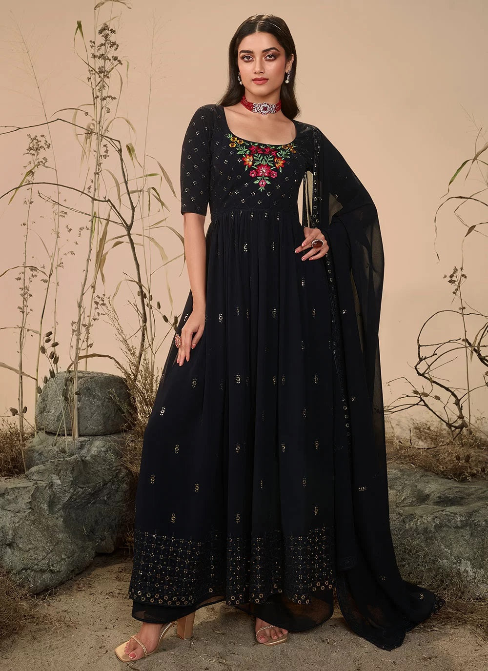 Sequins Embroidered Dark Blue Georgette Readymade Salwar Suit