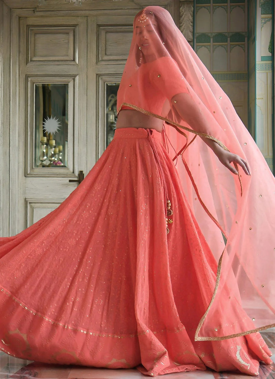 Peach cocktail lehenga with gota patti embroidery work