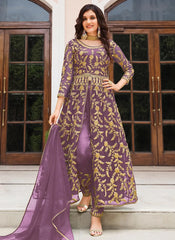 Sequins Embroidered Net Abaya Style Suit In Purple