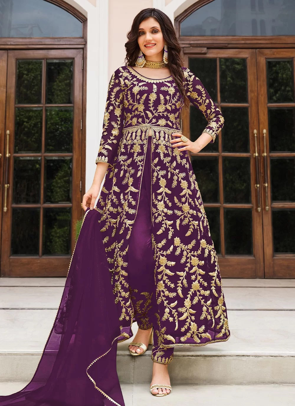 Sequins Embroidered Net Abaya Style Suit In Wine