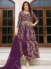 Sequins Embroidered Net Abaya Style Suit In Wine