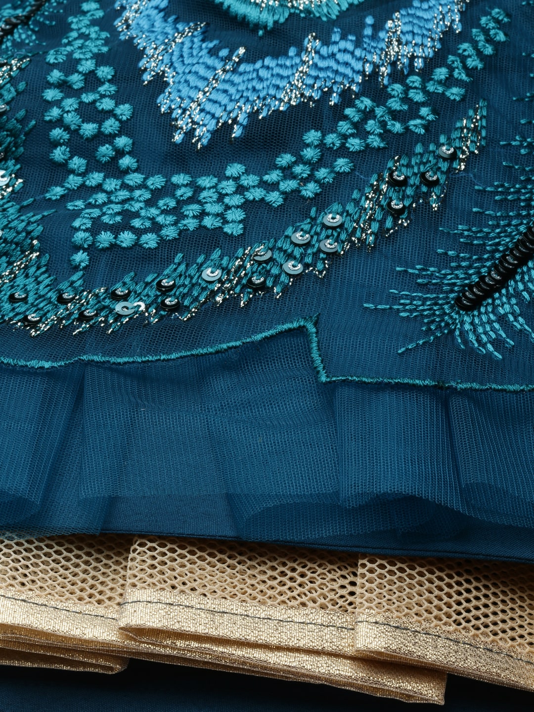 Sequins Embroidered Net Lehenga In Teal