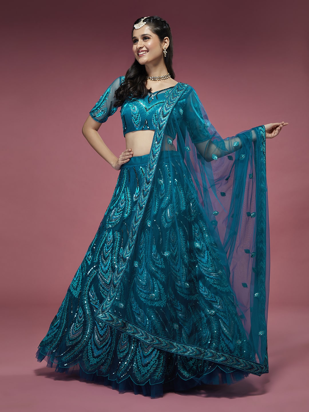 Sequins Embroidered Net Lehenga In Teal