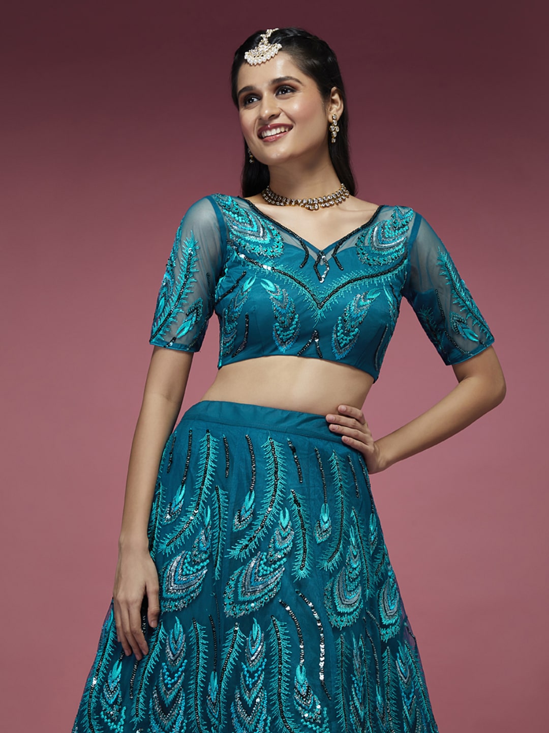Sequins Embroidered Net Lehenga In Teal