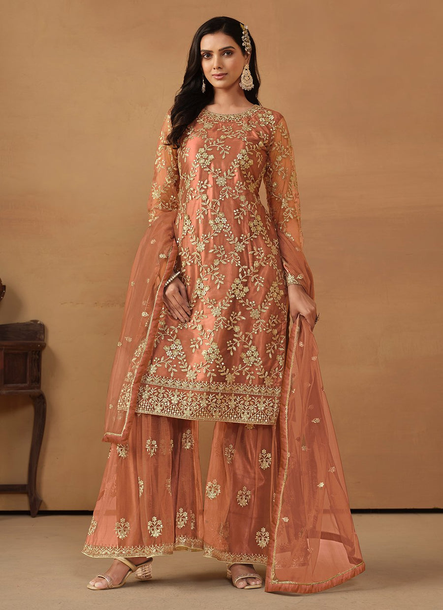 Sequins Embroidered Net Palaazo Dress For Women In Brown