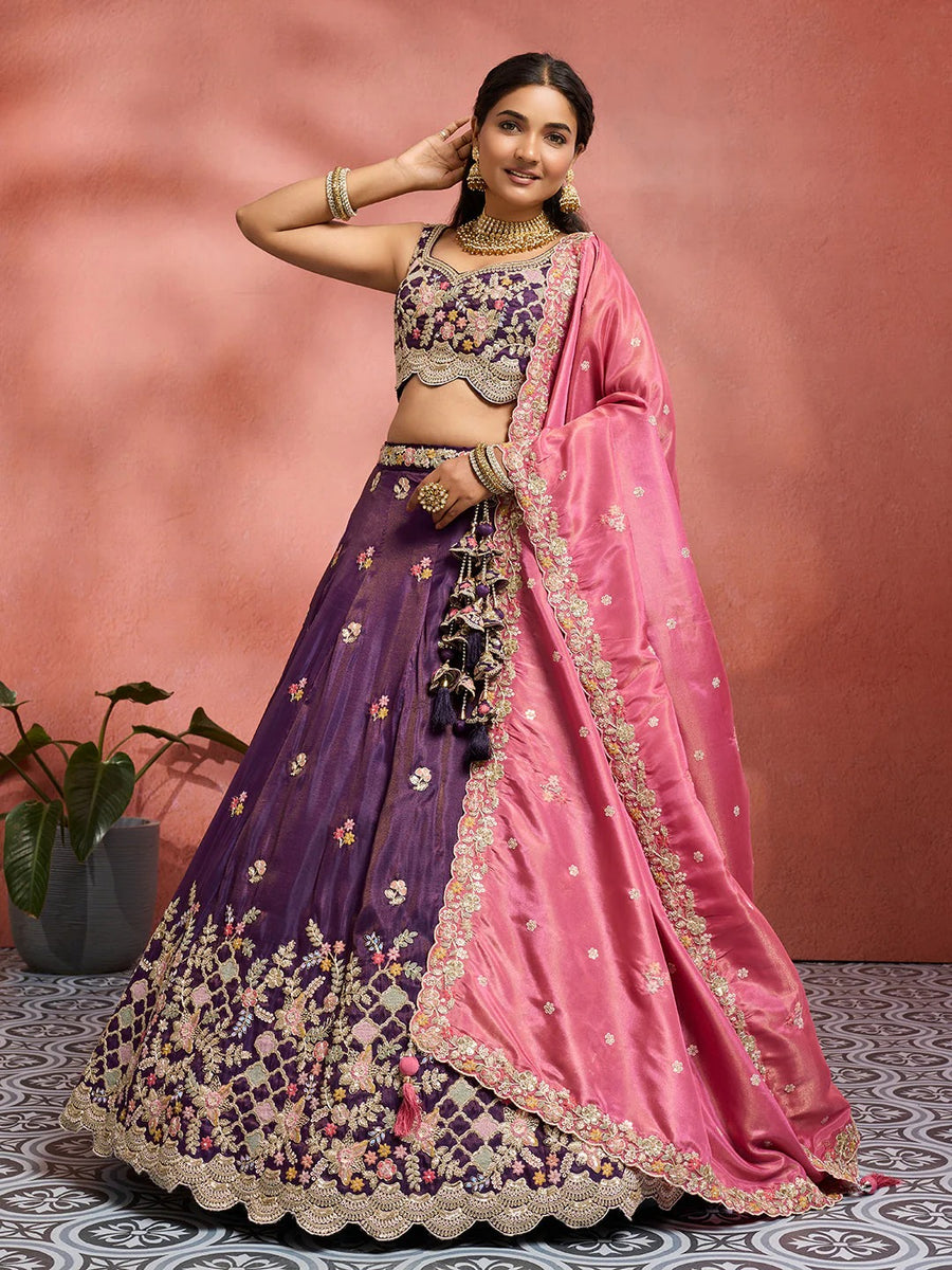 Purple Tissue Wedding Guest Lehenga with Coding Embroidery