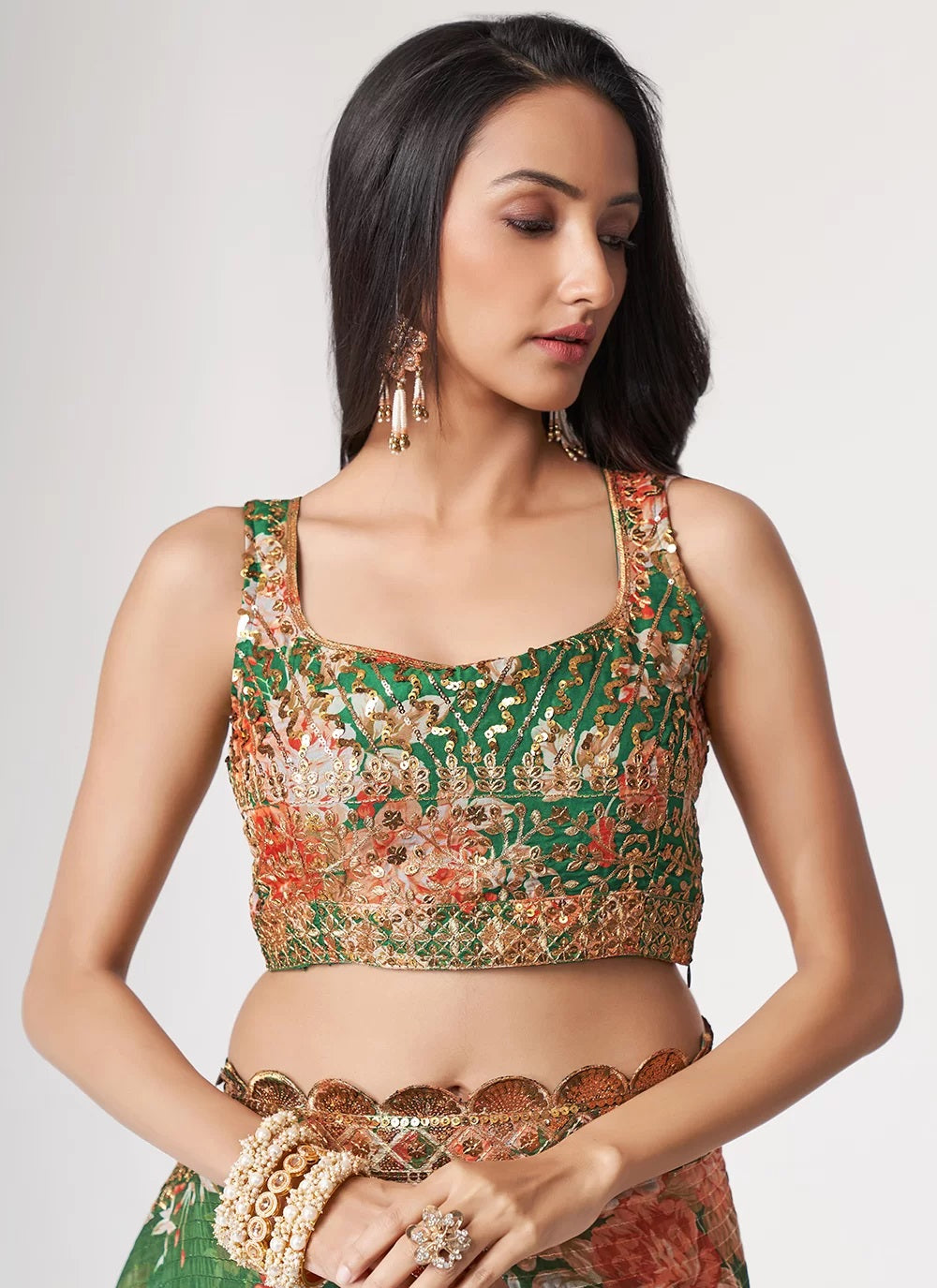 Sequins Embroidery Work with Digital Print Organza Saree In Green