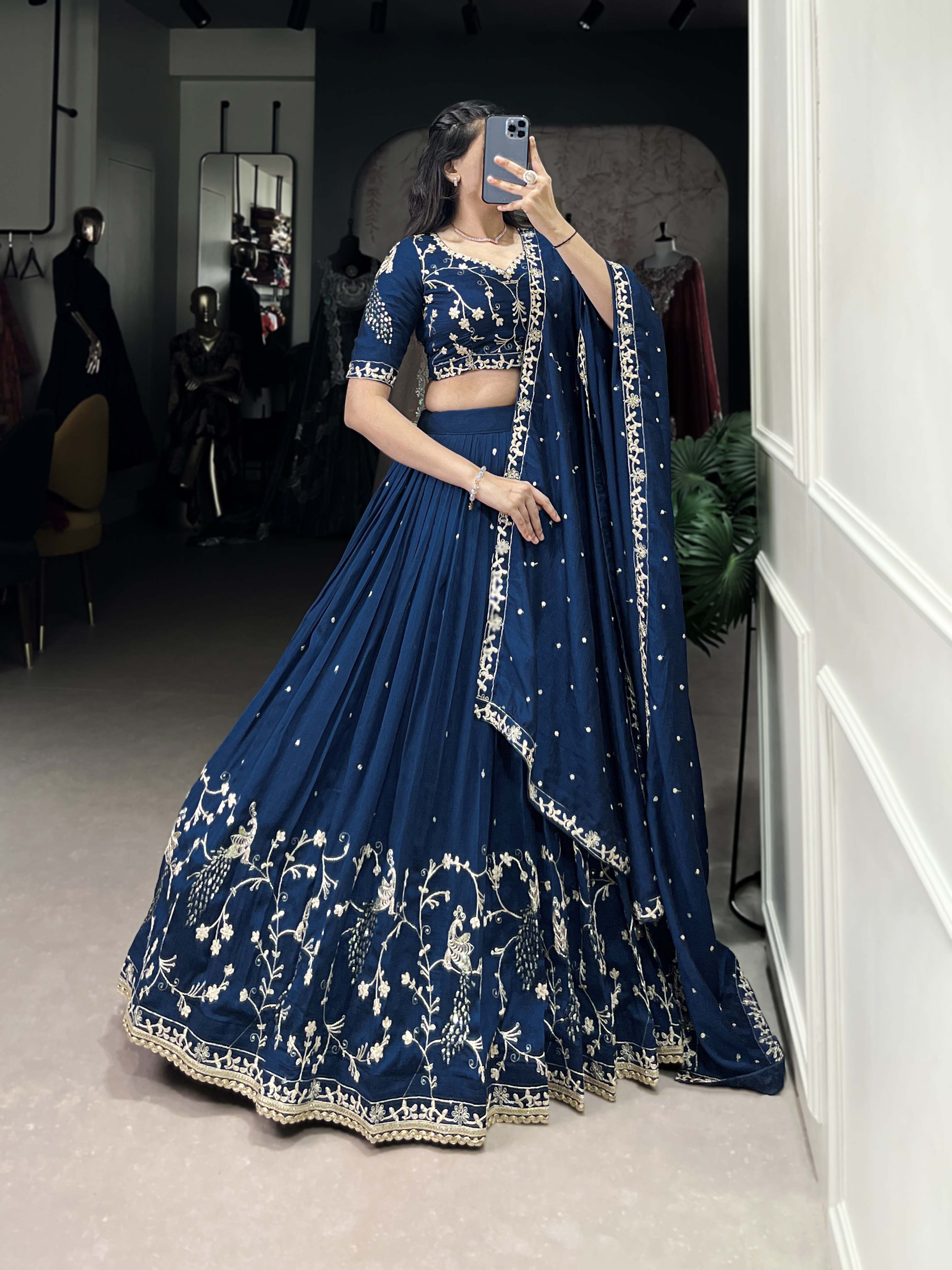 Firozi Color Sequins And Thread Embroidery Work Vichitra Silk Lehenga Choli