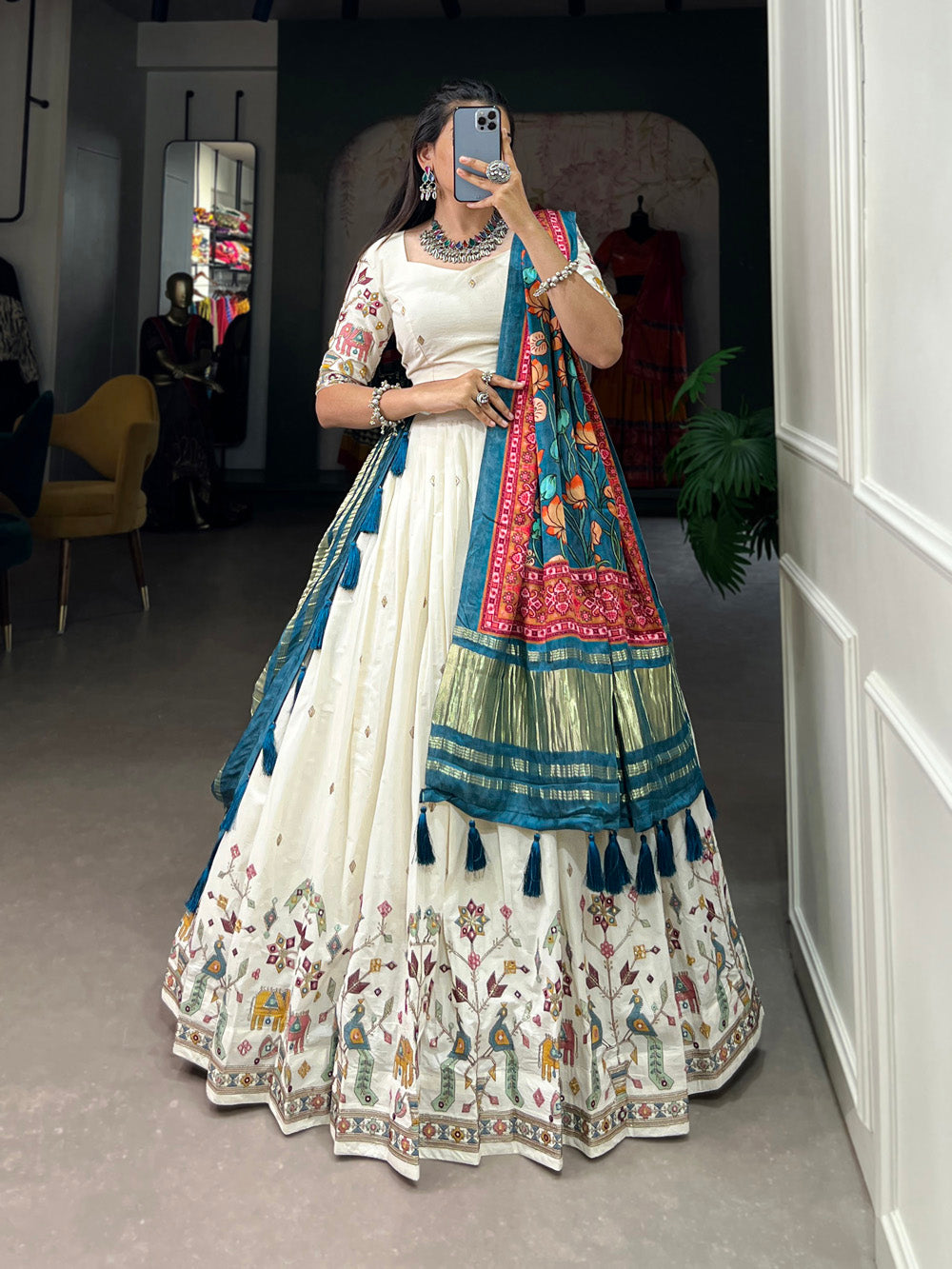 Peacock Design Sequins And Thread Embroidery Work Khadi Cotton Chaniya Choli