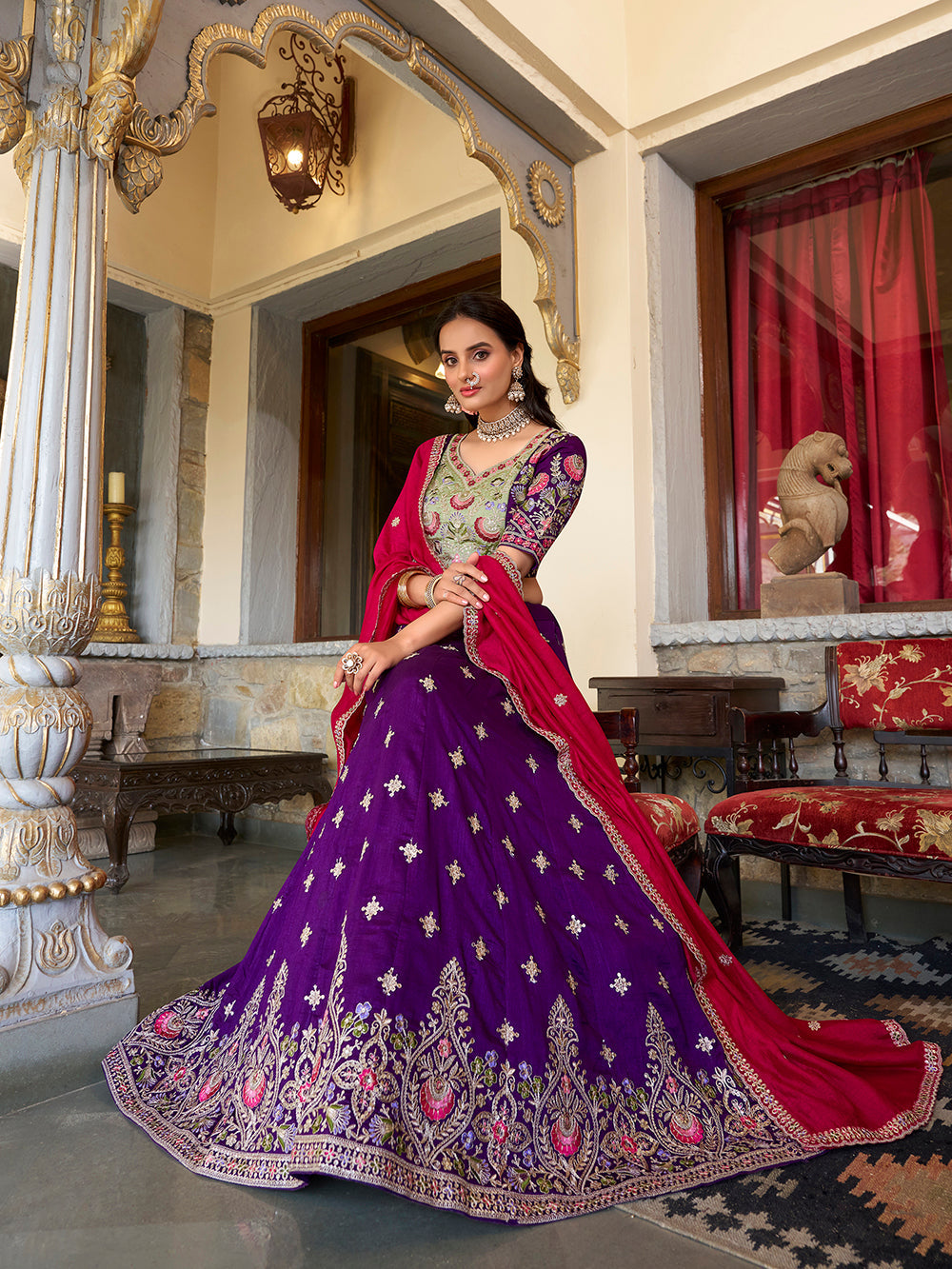 Purple Color Sequins And Thread Embroidery Work Vichitra Silk Lehenga Choli