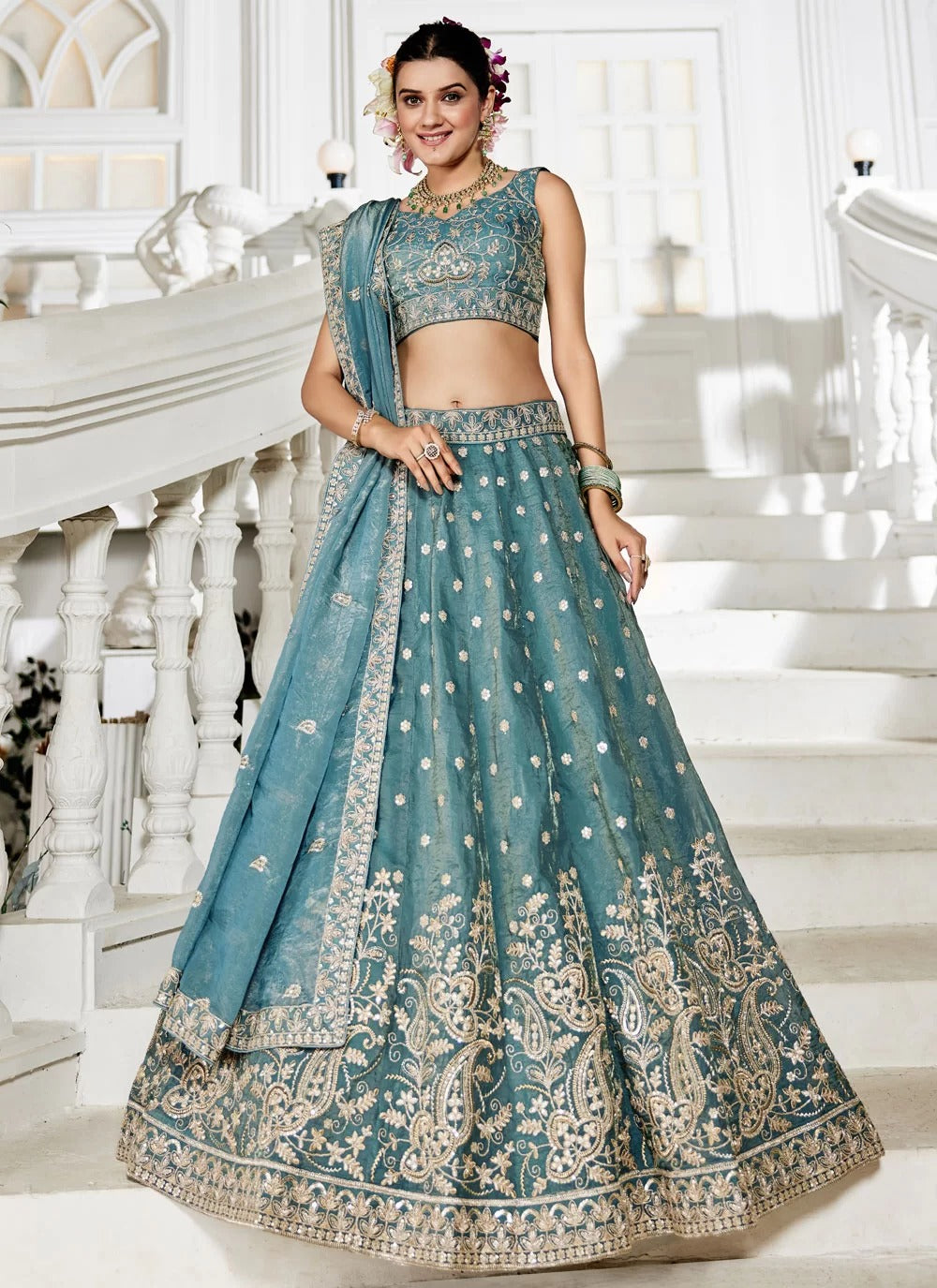 Serene Sea Green Golden Tissue Lehenga with Sequins & Embroidery