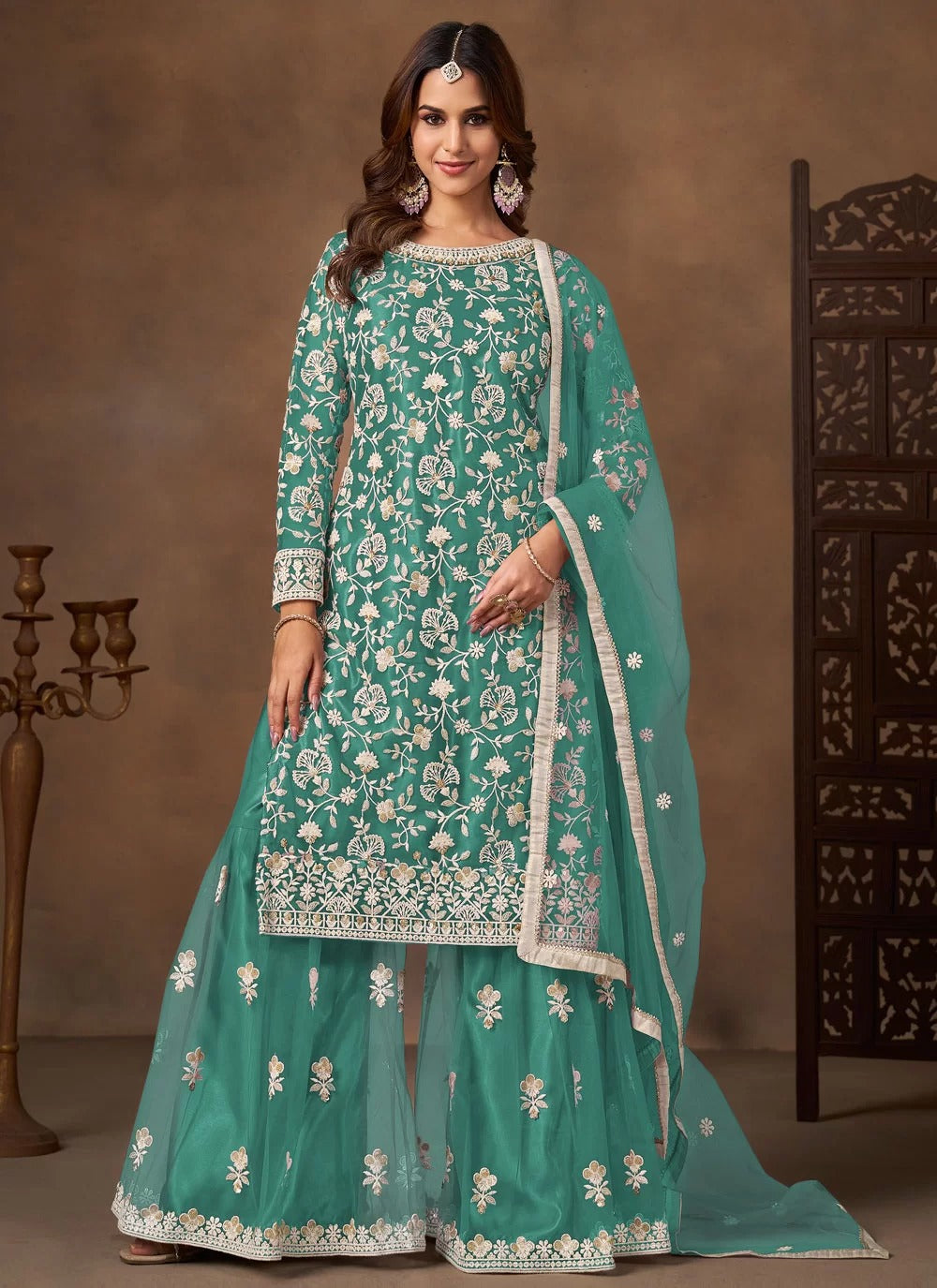 Sea Green Festive Palazzo Suit | Net Embroidered Salwar Suit for Women