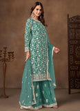 Sea Green Embroidered Festive Palazzo Suit