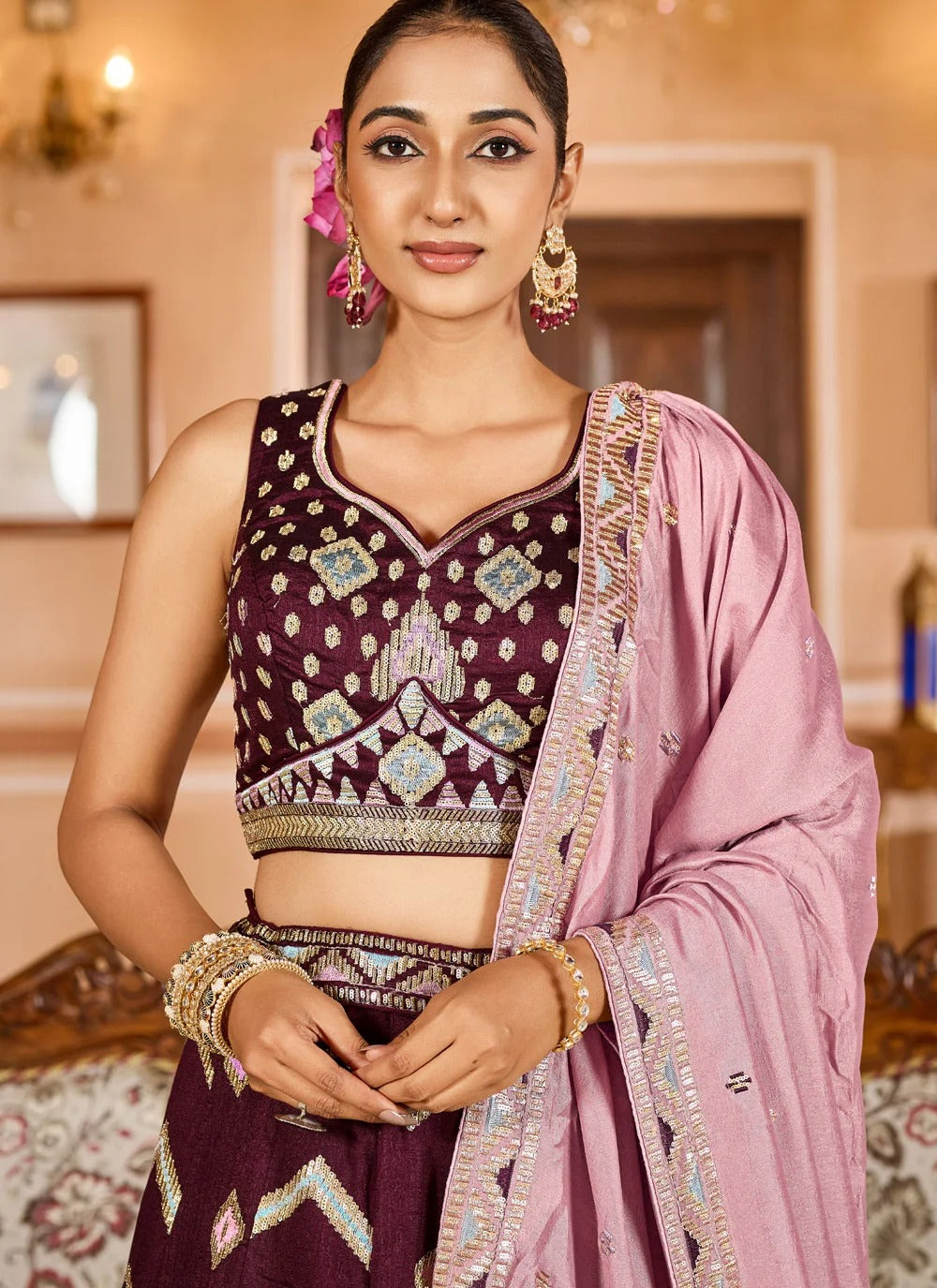 Majestic Wine Wedding Celebration Lehenga with Sweetheart Neck Blouse