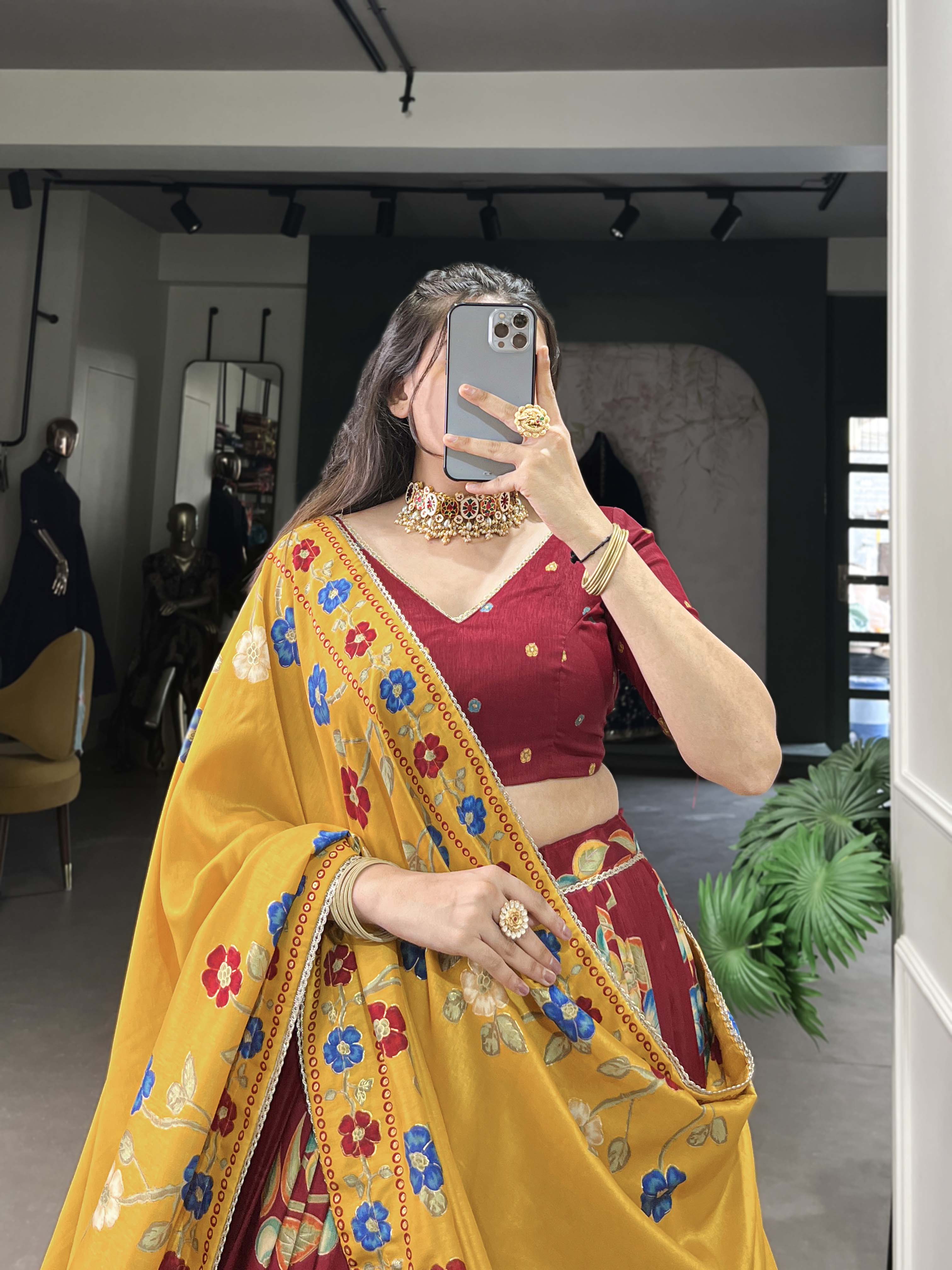 Maroon Color Printed And Foil Work Tussar Silk Lehenga Choli