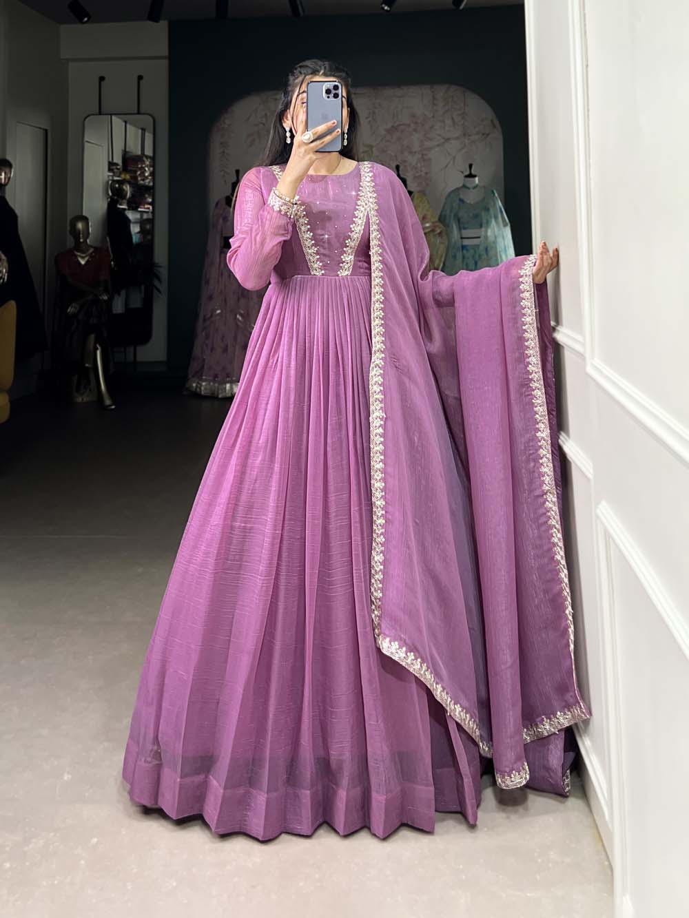 Lavender Color Hotfix With Sequince Lace Border Silver Glory Gown