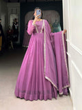 Lavender Color Hotfix With Sequince Lace Border Silver Glory Gown