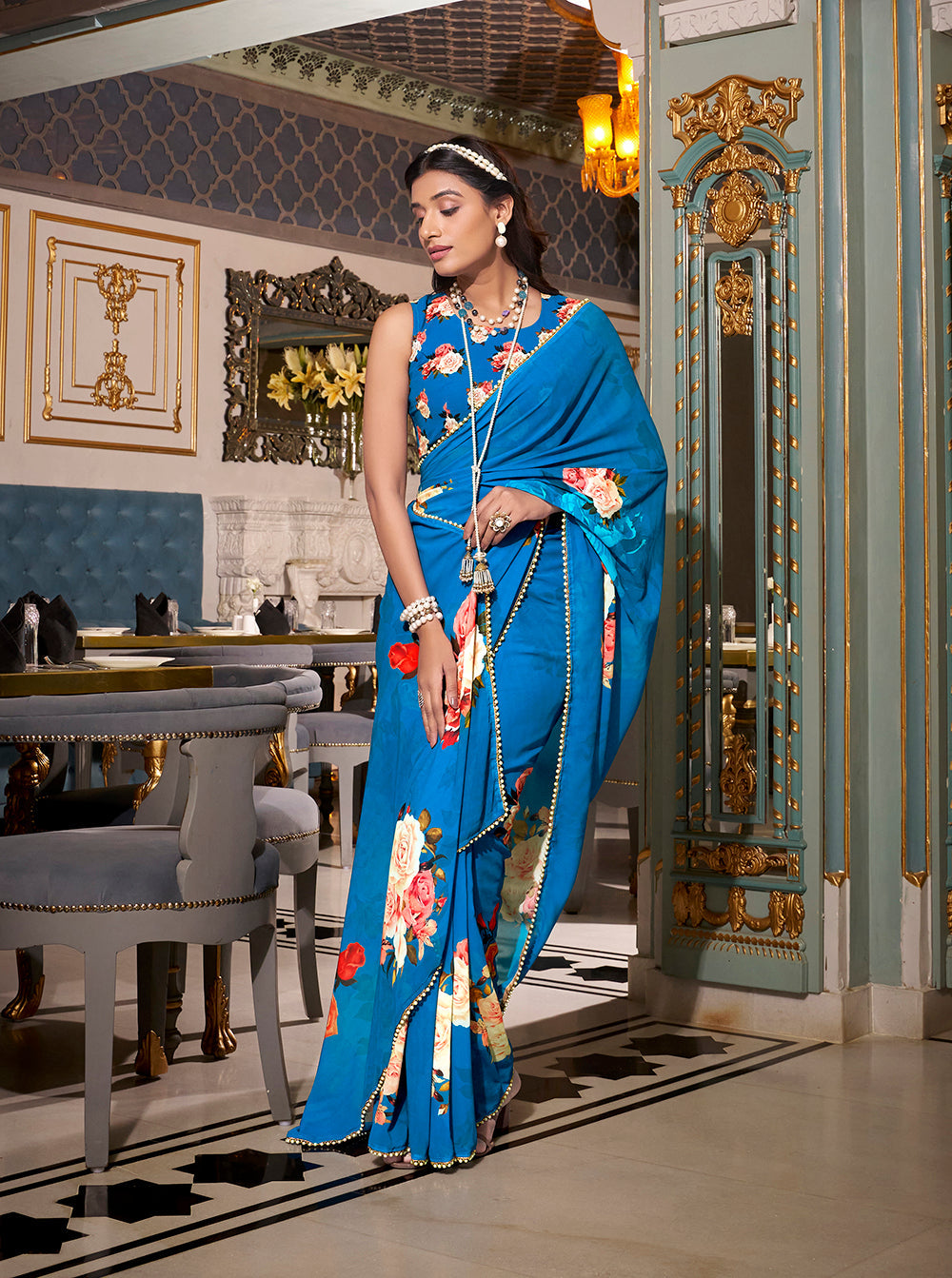 Firozi festive saree with matching blouse fabric