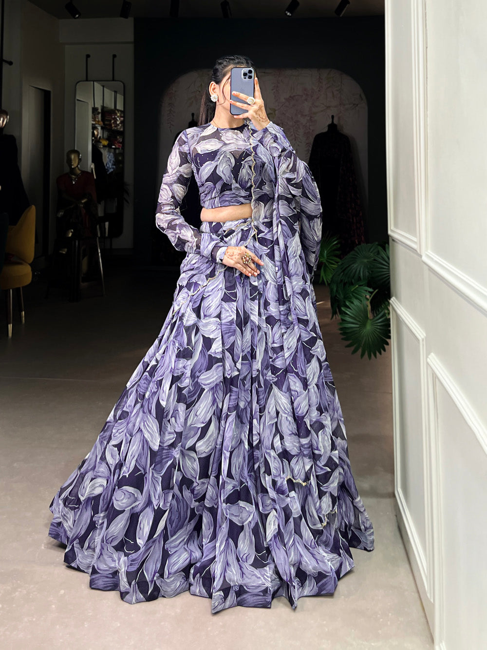 Navy Blue Color Printed With Hotfix Tubby Silk Lehenga Choli