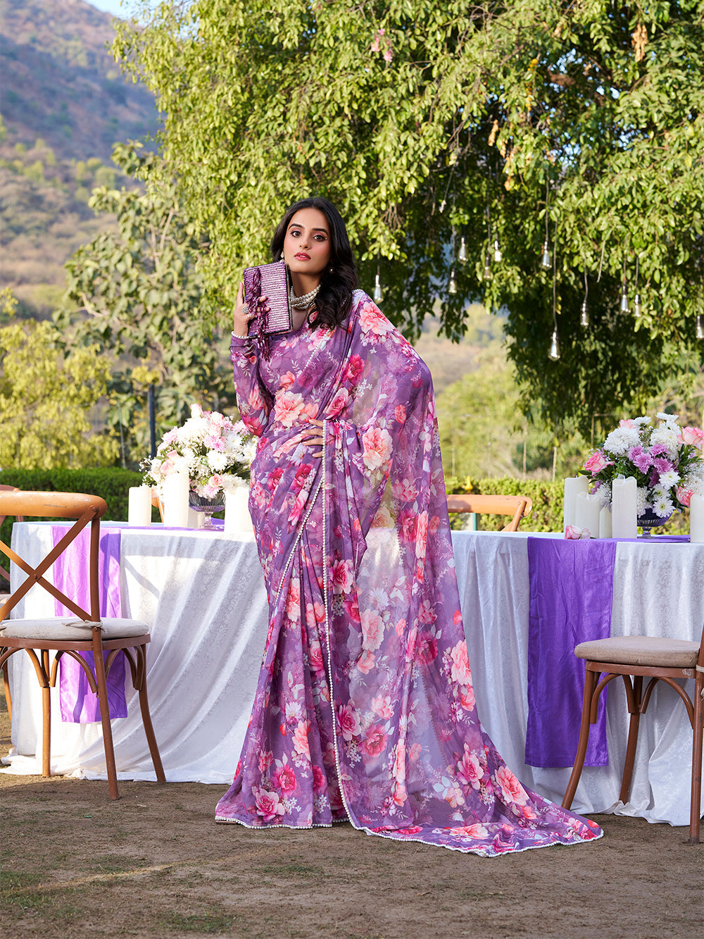 Onion saree with designer pearl lace