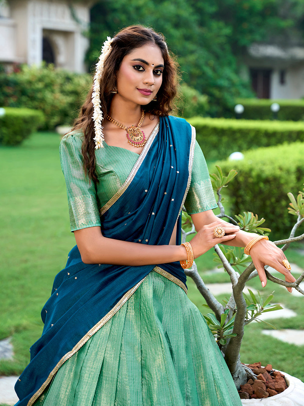Pista Color Zari Weaving Work Kanchipuram Lehenga Choli