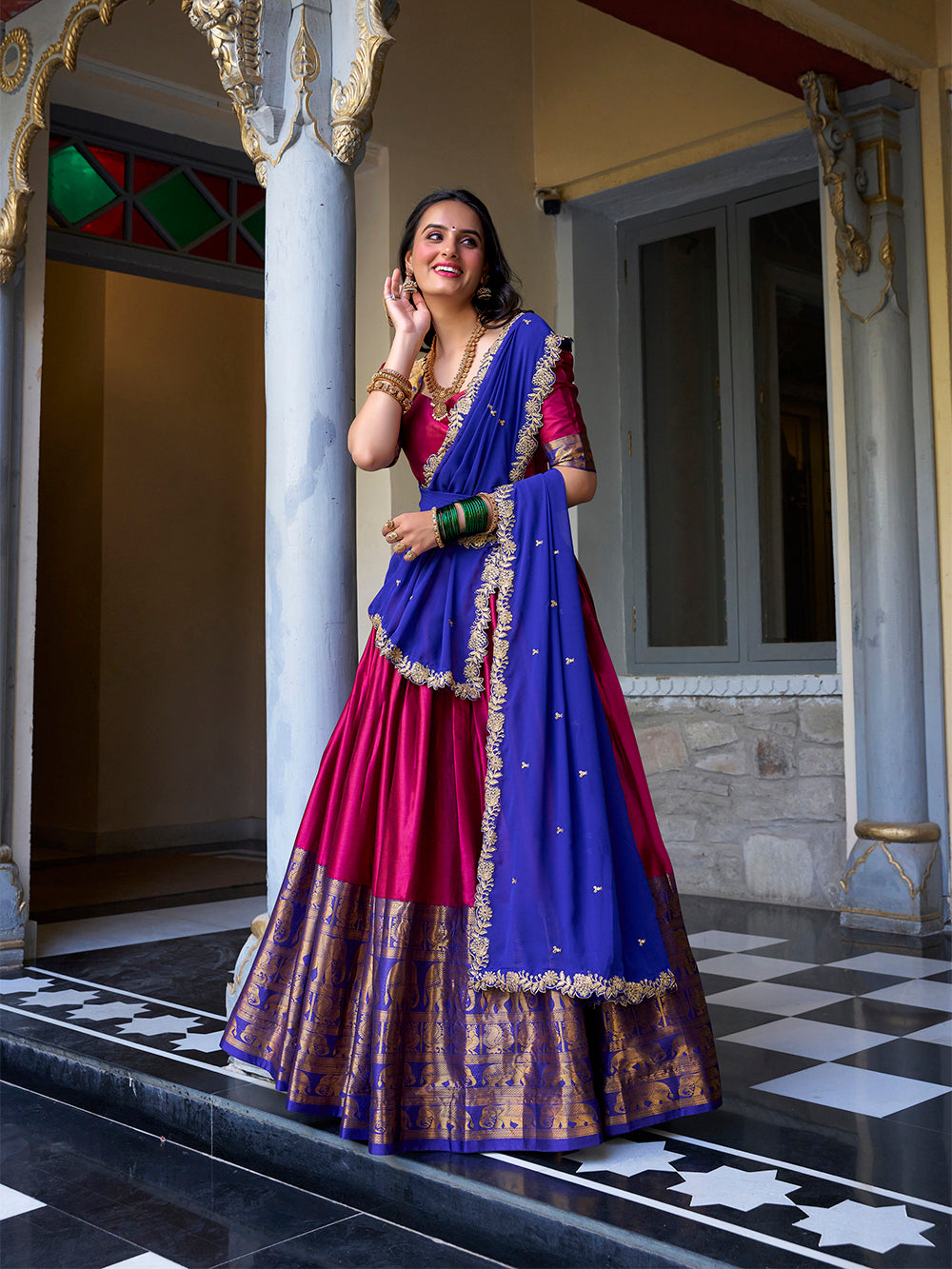Pink Narayan Pattu lehenga choli with zari weaving