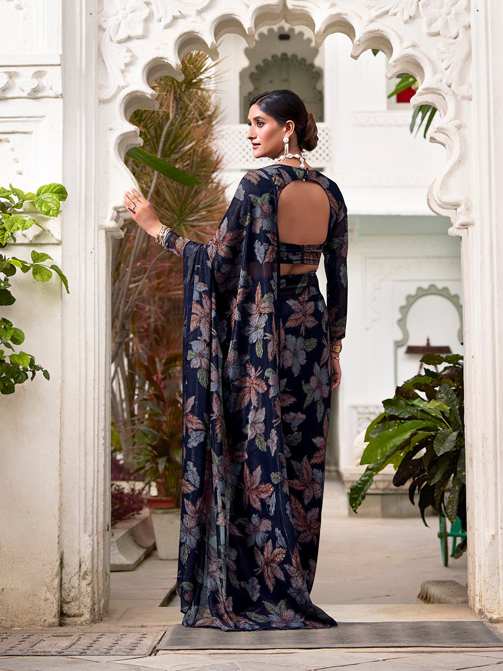 Elegant navy blue lurex saree for special occasions