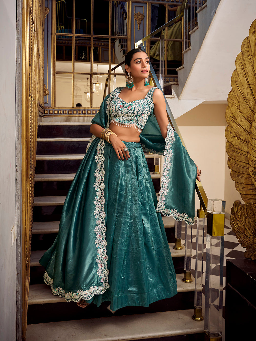 Teal Color Sequins And Thread Embroidery Work Gold Crush Lehenga Choli