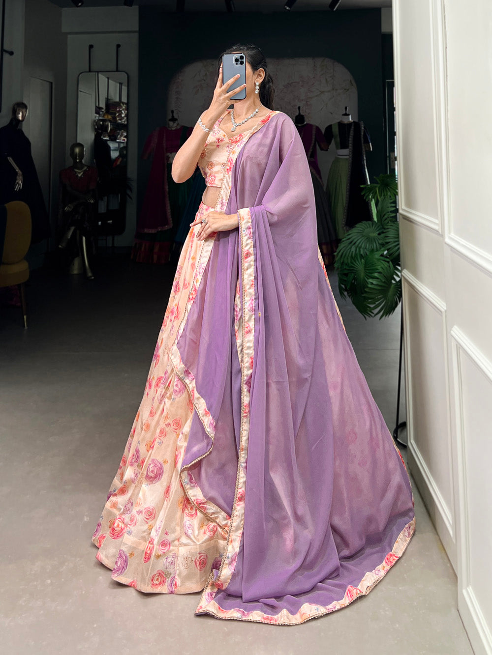 Peach Color Tussar Silk Floral Print With Handwork Lehenga Choli